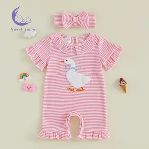 Baby Girl Summer Romper Short Sleeve Round Neck Goose Embroidery Ruffle Jumpsuit with Headband