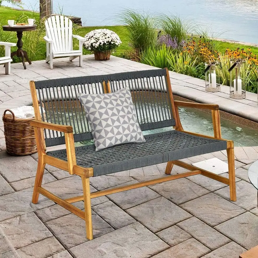 Vallmore 2-Person Acacia Wood Rope Loveseat Bench, 705 lb Capacity, Teak Oil Finish, Woven Rope Seat & Backrest, Ergonomic Armrests for Deck, Porch, Balcony, Poolside