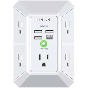 Wall Charger, Surge Protector, QINLIANF 5 Outlet Extender with 4 USB Charging Ports, 3-Sided 1680J Power Strip Multi Plug Adapter Spaced for Home Travel Office - New
