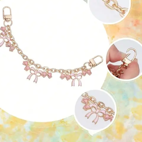 Gold chain mixed bow bag charm. Delicate small and large pink bow designs on rose gold chain, perfect for decorating bags and daily Coquette looks. Trendy Bag Charms Bag Accessories Bag Ornament #BagChain #BagCharm #BowBagPendant #BagDecoration