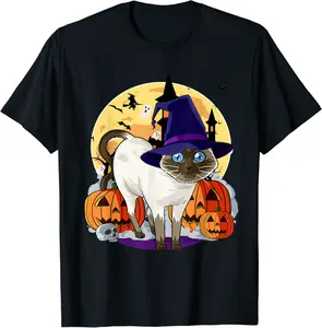 Happy Halloween Cute Siamese Cat Funny Witch Pumpkin T-Shirt - Haileybutl Shop 40B08HTWSMJK
