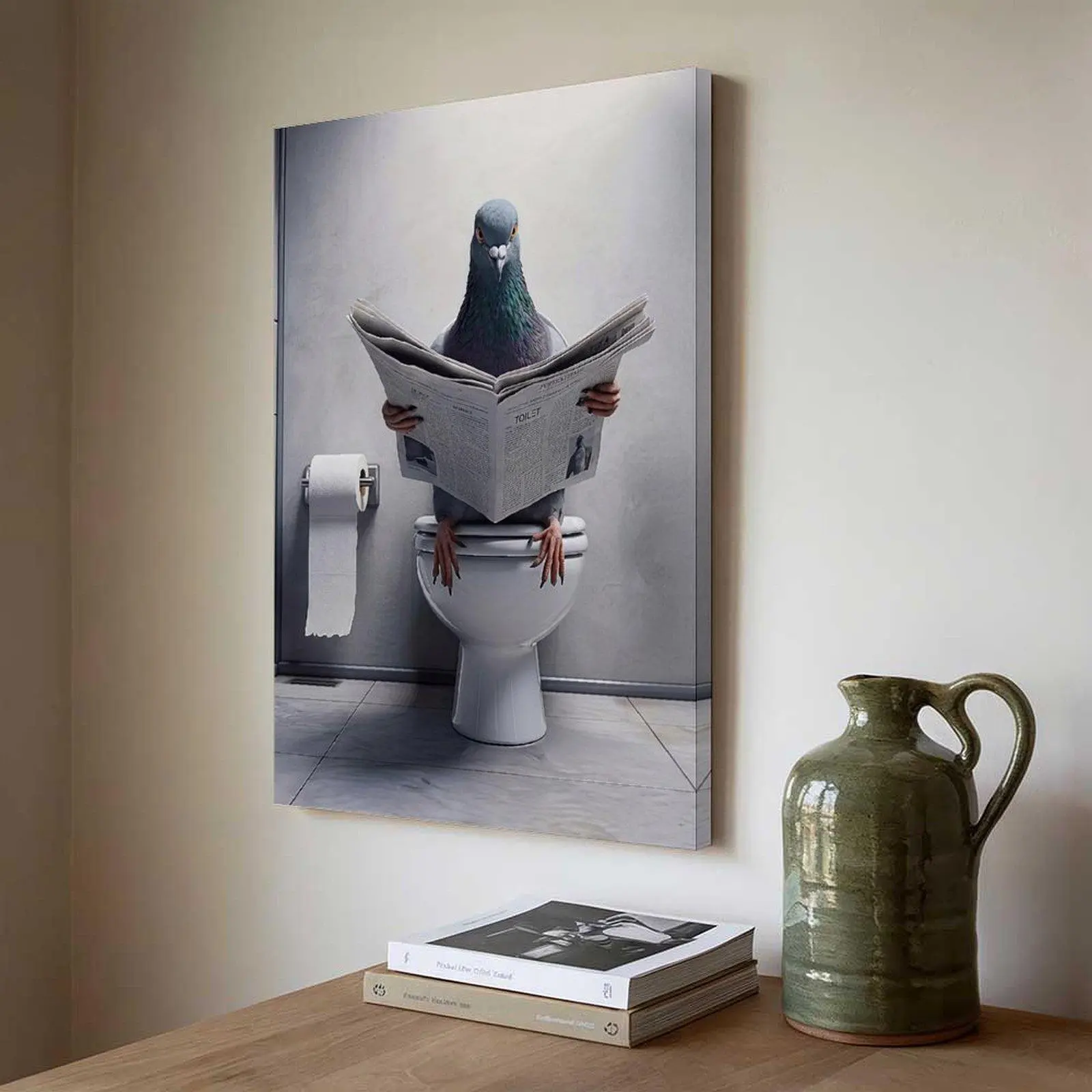 Funny Pigeon Reading Newspaper on Toilet Canvas Art Quirky Restroom Poster Guest Bathroom Wall Decor,home,inspo,athlete,motivation