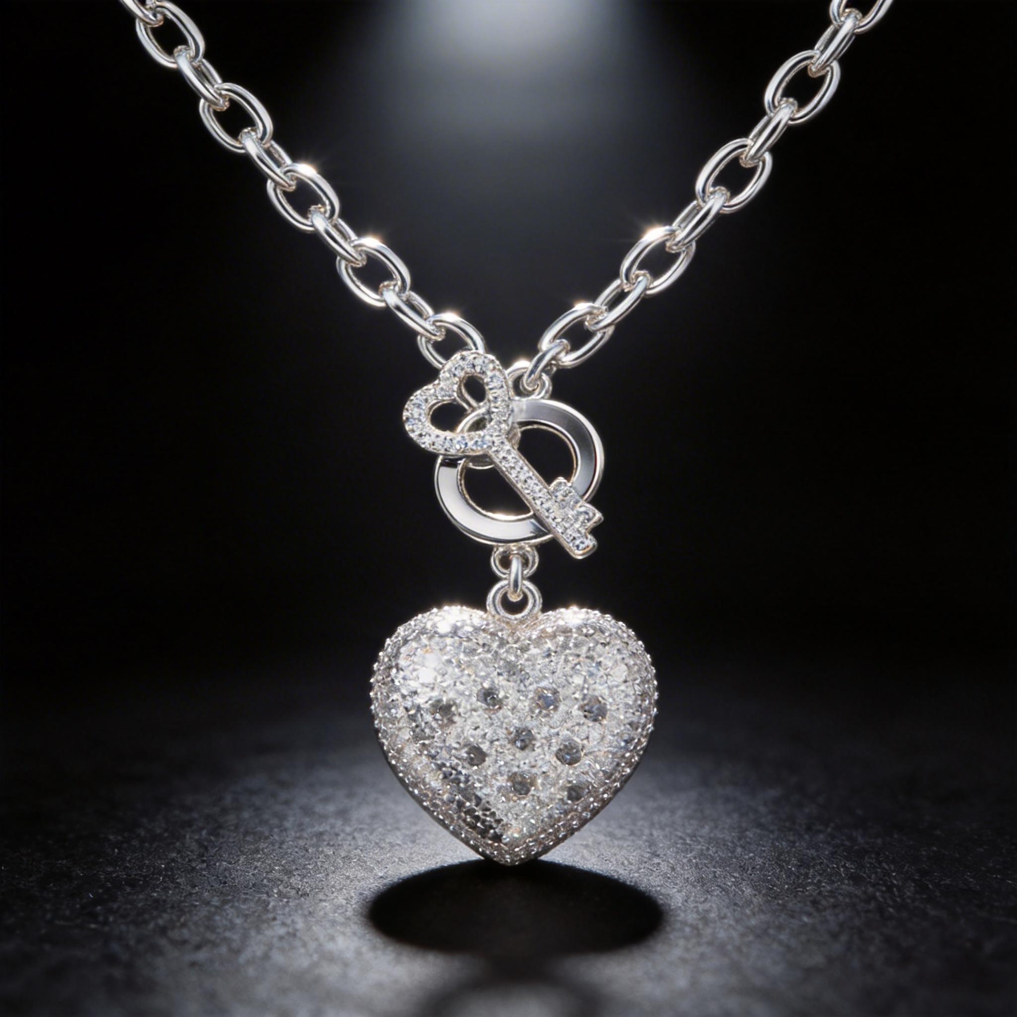 925 Silver Plated Puffed Heart Key Pendant Necklace, 18 Inches, Cubic Zirconia Pave Heart Necklace, Hypoallergenic Y2K Chunky Chain Necklace for Women, Romantic Gift for Her