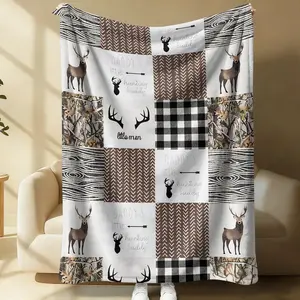 Vintage Deer Wood Grain Plaid Flannel Blanket, Classic Colors, Warm Breathable, Ideal for Rural Apartments & Boys' Bedrooms