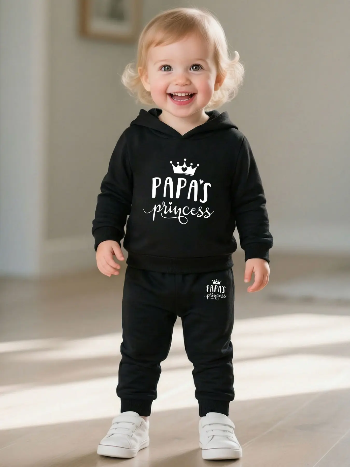 Baby Girls Casual Fashion Cute Two-Piece Set, Hooded Sweatshirt with Cartoon Crown Letter Print, Perfect Gift for Babies, All Seasons, Baby Clothing