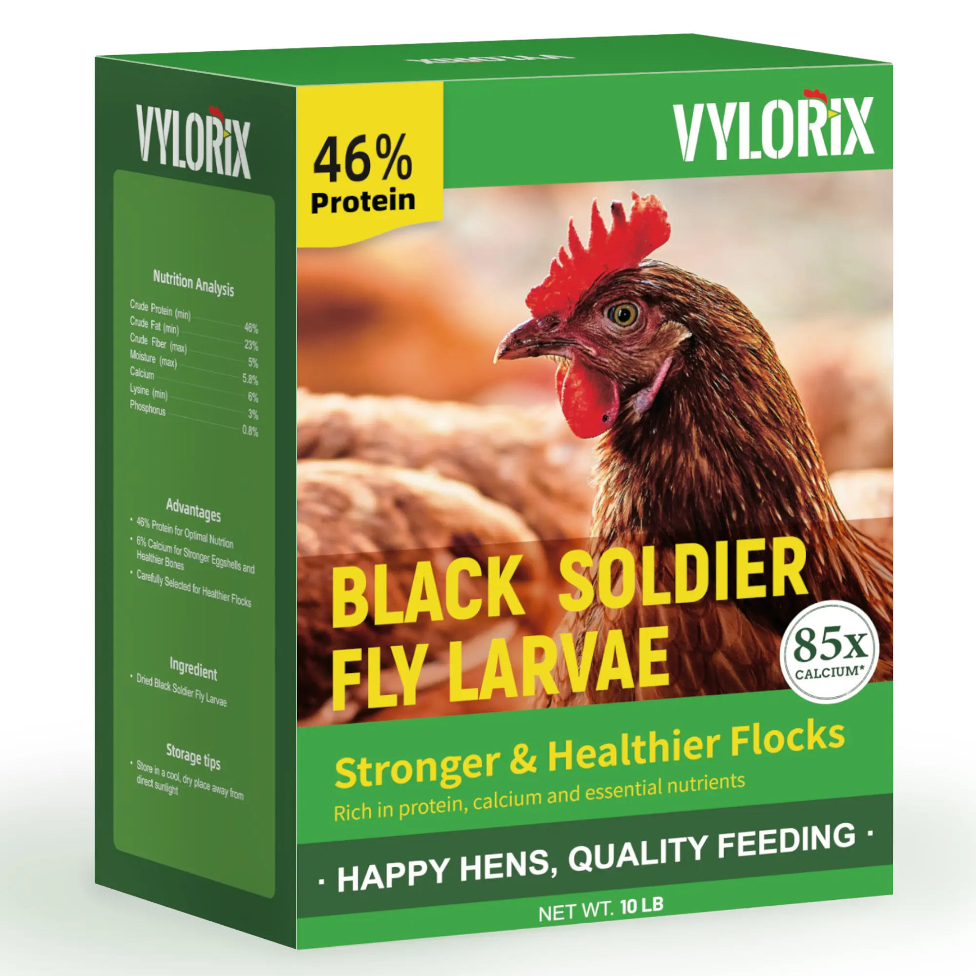 Vylorix 10 LBS Dried Black Soldier Fly Larvae for Chickens, 46% Protein for Daily Nutrition & 6% Calcium for Eggshell Support, BSFL Grubs, 85X More Calcium Than Mealworms, Non-Gmo Treats for Hens, Ducks, Birds & Reptiles
