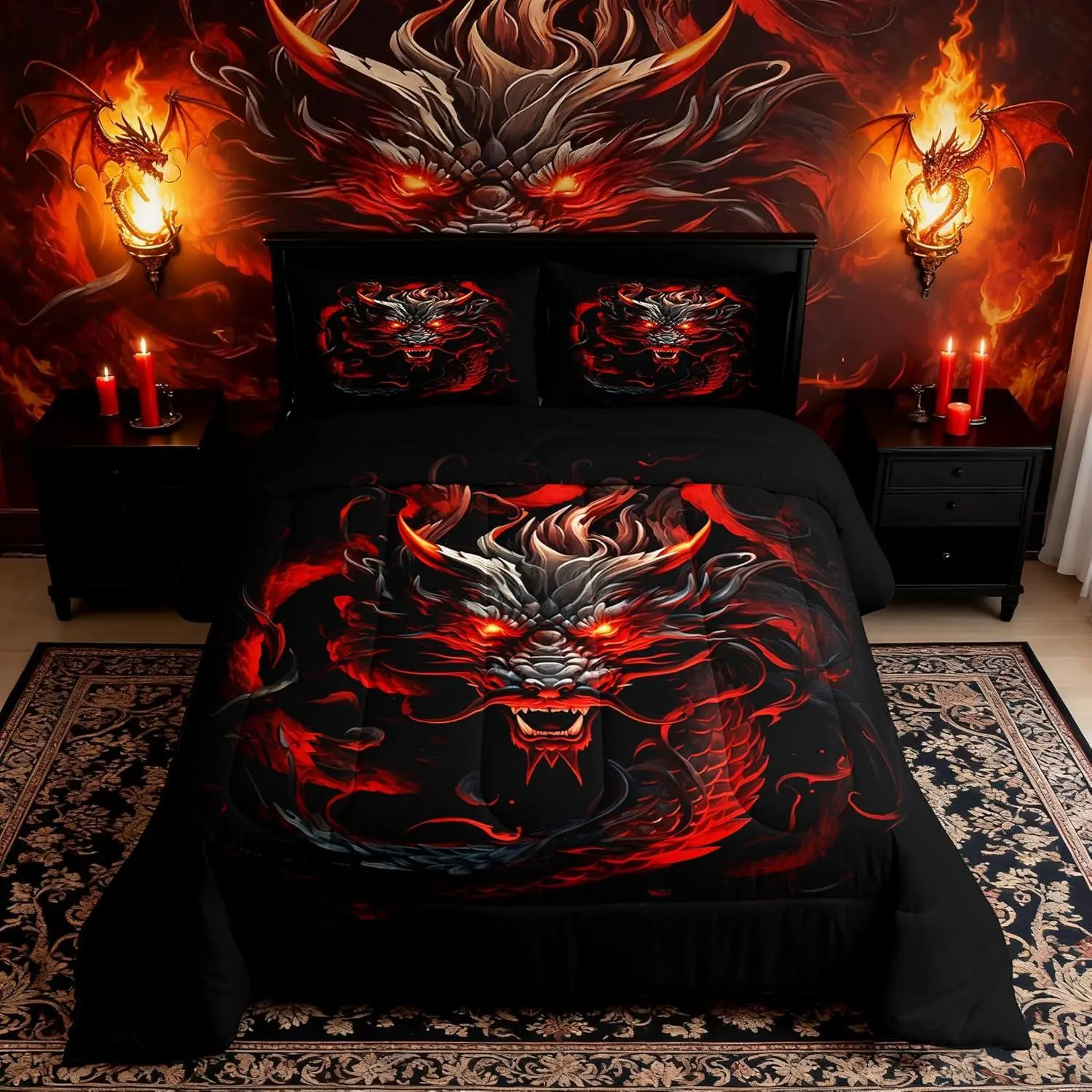 Red Black Dragon Bedding Set,Glowing Flame Dragon Comforter Set for Kids Boys Men Adult Bedroom Decor,Wild Animals Quilt Set,Cool Magical Style Duvet Insert