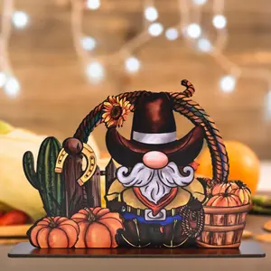 Western Cowboy Dwarf Design Ornament, 1 Count Harvest Festival Wooden Ornament, Rustic Decor for Restaurant Kitchen Shelf Living Room