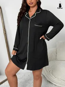 【Plus Size】 Women's Contrast Binding Pocket Design Button Front Fitted Loungewear Dress, Casual Long Sleeve Lapel Neck Nightdress PJ Dress for Women, Women's Sleepwear for All Seasons