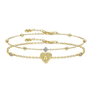 Cicy Bell 18K Gold Plated Heart Initial Bracelets Personalized Valentine's Day Gift for Women Dainty Cubic Zirconia A-Z Name Chain Link Charm Bracelet Non Tarnish Birthday Jewelry Gifts for Her