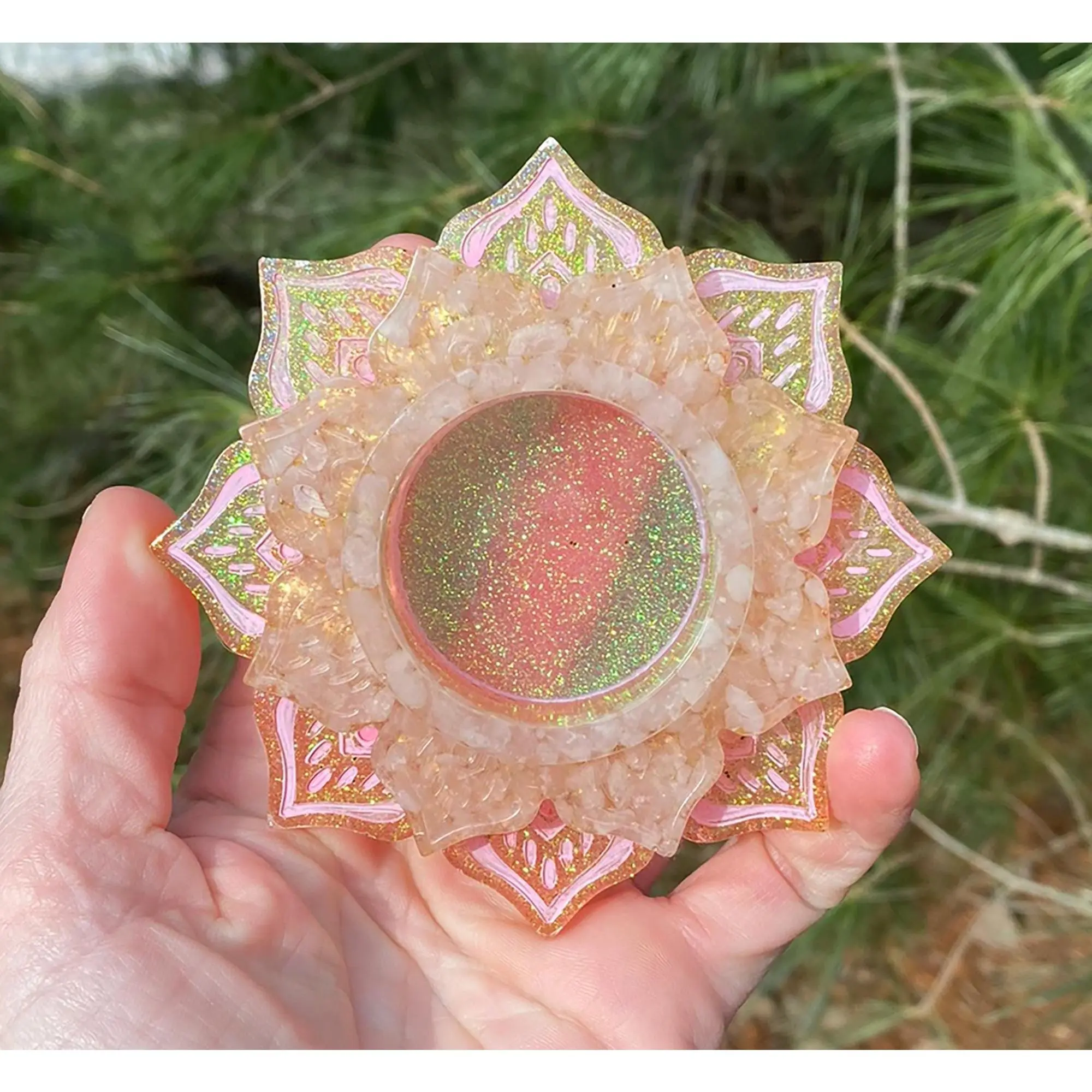 Peach Pink Lotus Candle Holder with Rose Quartz