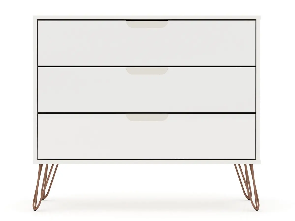 212 MAIN Rockefeller Mid-Century Modern 3-Drawer Storage Sideboard Dresser - Modern White Chest, Anti-Tip Kit, Cutout Handles, MDF Frame, Metal Legs, 28.86x35.24x17.52 in