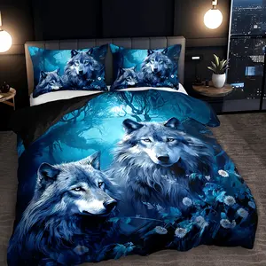 3PCS Forest Wolf Animal Floral Duvet Cover Set (1 Duvet Cover + 2 Pillowcases, Pillow Core Not Included), Home Dormitory High-Definition Print