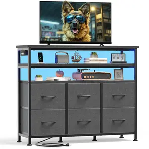 TV Stand Dresser For Living Room With 6 Fabric Drawers Storage Up to 45 inch TV Wood Top TV Media Console Table Cabinet