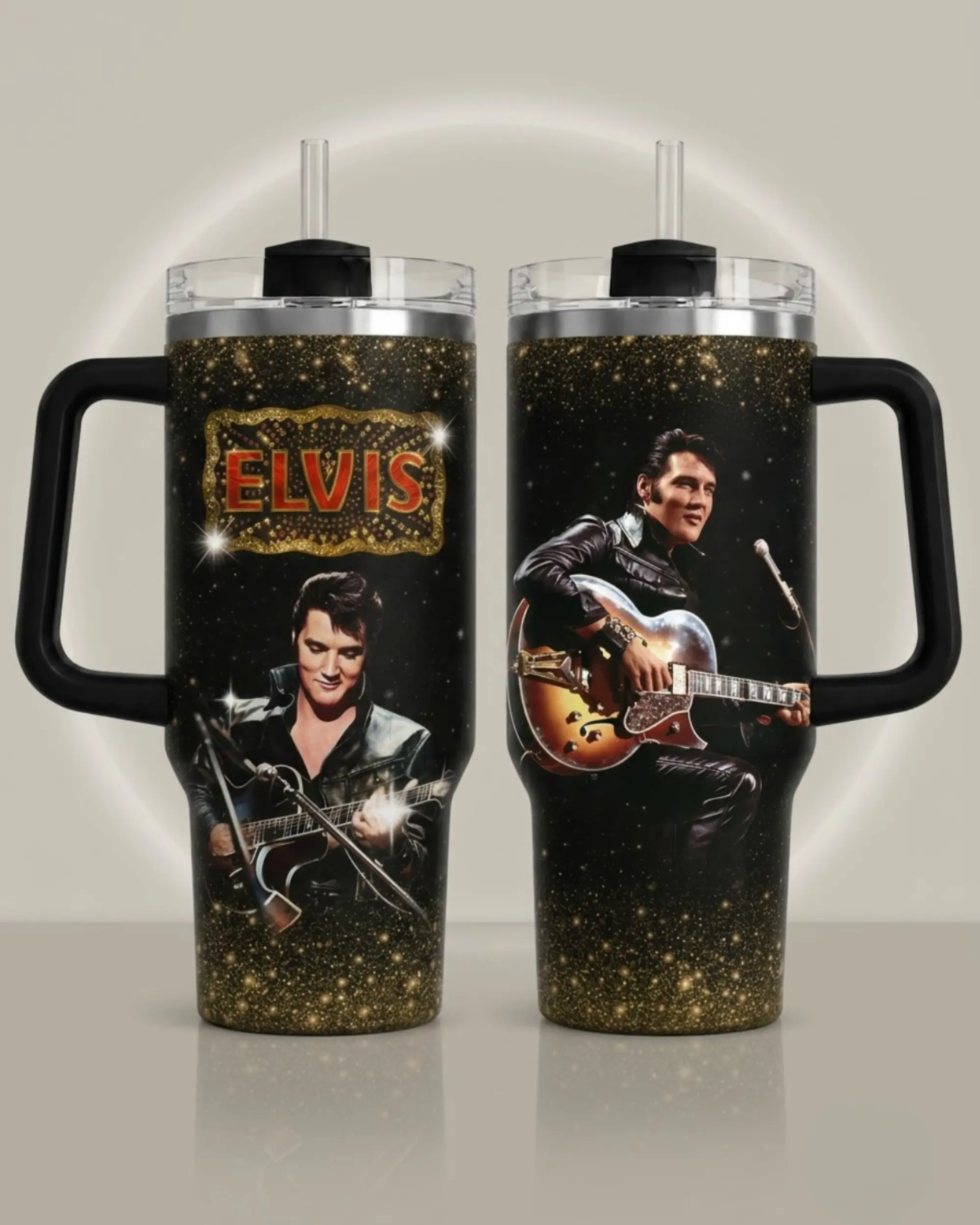Insulated Stainless Steel Printed Elvis Presley Tumbler Cup with Handle, Lid, Black-Gold Glitter Concert Collage, Rock and Roll Fan Gift, Travel Drinkware, Straw Not Included