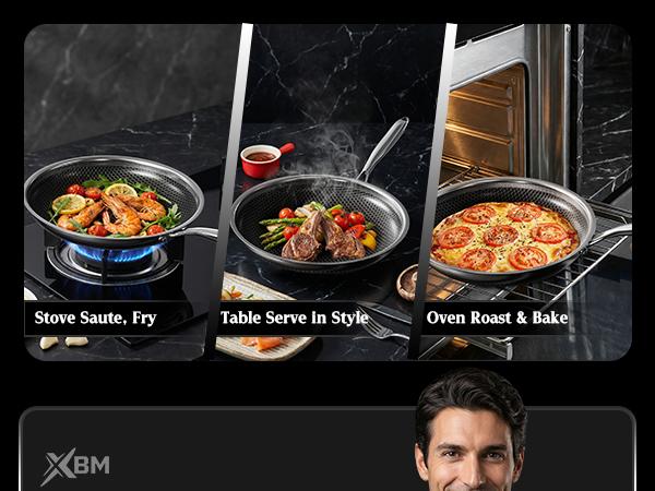 XBM Hybrid Nonstick Frying Pan with Tempered Glass Lid, Tri-Ply Stainless Steel Honeycomb Skillet, Healthy PTFE/PFOA Free Ceramic Coating, Stay-Cool Handle, Induction Ready & Oven Safe