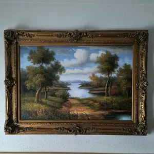 Vintage Oil on Canvas Landscape in Ornate Gold Frame Classic Artwork (303)
