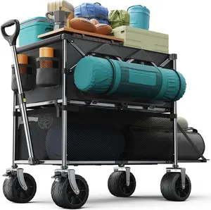 Double Decker Heavy Duty Foldable Wagon with Big Weight Capacity, Collapsible Adjustable Handle Folding Garden Cart with Big All-Terrain Beach Wheels, Black