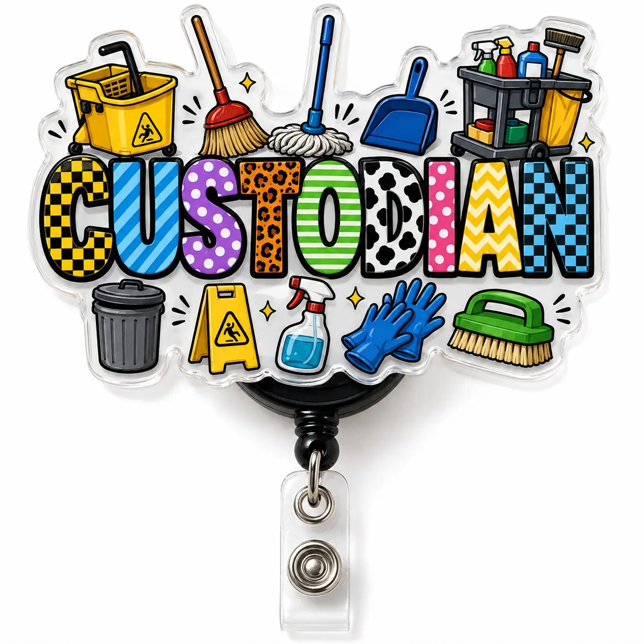 Badge Reel Custodian Colorful Acrylic Retractable ID Holder for Janitors Cleaners Housekeeping Staff Facility Workers and Cleaning Professionals 2 Inch