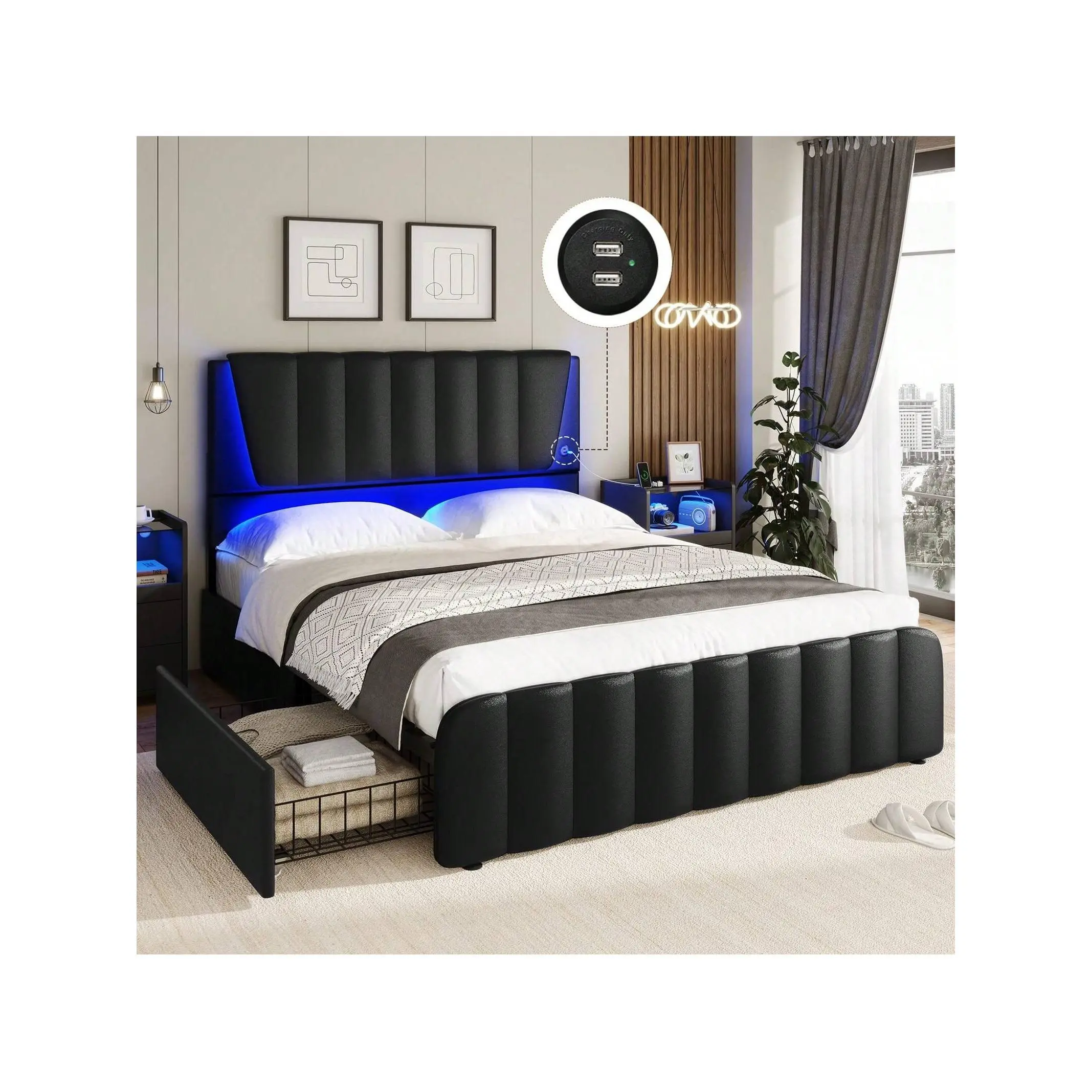 Full Bed Frame With Headboard And 4 Storage Drawers, Platform Bed Frame With Led Light & 2 USB Ports, Full Size Bed Frame With Wooden Slats Support, No Box Spring Needed