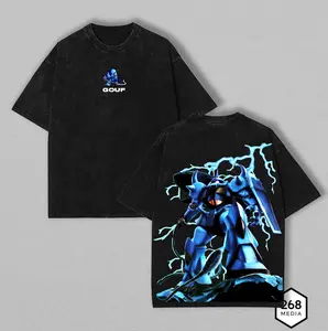 Gouf × Gundam “Blue Lightning Fury” Tee – Vintage Washed Heavyweight Cotton Graphic Shirt featuring Iconic Mobile Suit Front & Electrifying Backprint for Zeon & Mecha Fans