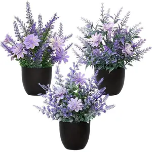 Mini Artificial Potted Plastic Plants Set with Mimosa and Lavender Flowers, Indoor Plastic Decoration for Home & Office, Charming Faux Flora