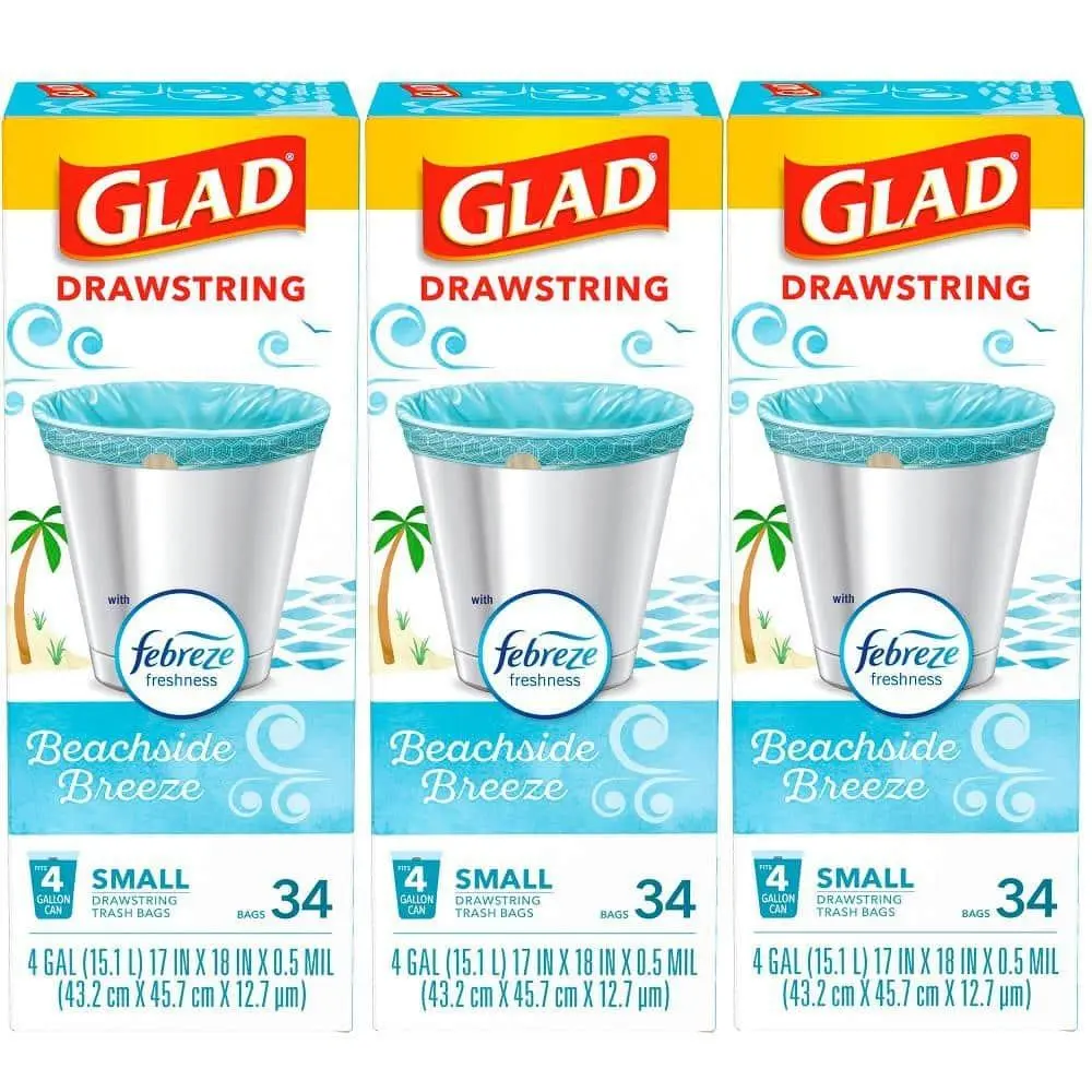 4 Gal. OdorShield Febreze Beachside Breeze Small Drawstring Trash Bags (34-Count, 3-Pack)