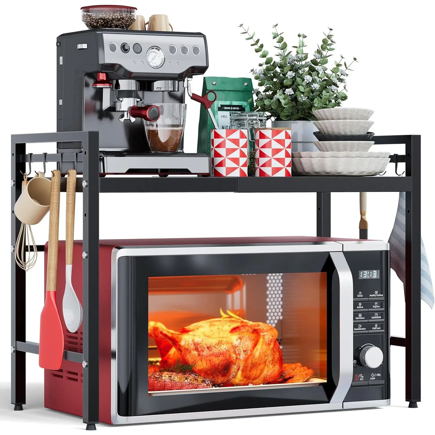 Expandable Microwave Stand,2 Tier Metal Kitchen Countertop Organizer Shelves with 8 Hooks,Bakers Rack,Microwave Shelf,Microwave Oven Rack,55lbs Weight Capacity