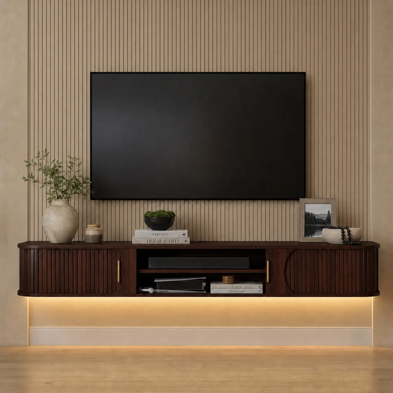 【Floating TV Stand】DHH Modern Wall-Mount Console Table, 63"/70"/86"/95" Cabinets with Fluted Sliding Doors, Power Outlet, App-Controlled RGB LED Lights for Living Room Decor (Fits TVs Up to 70"/80"/90"/100")
