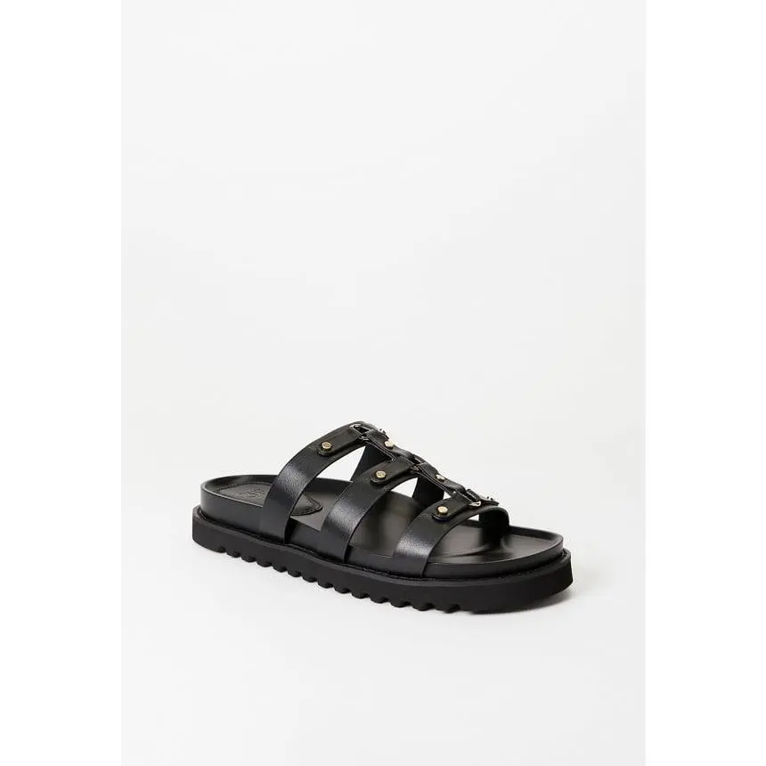 Women's Gladiator Sandals, Classic Studded Faux Leather Slip-On Slides with a Chunky Platform Sole, Open Round Toe Statement Shoes