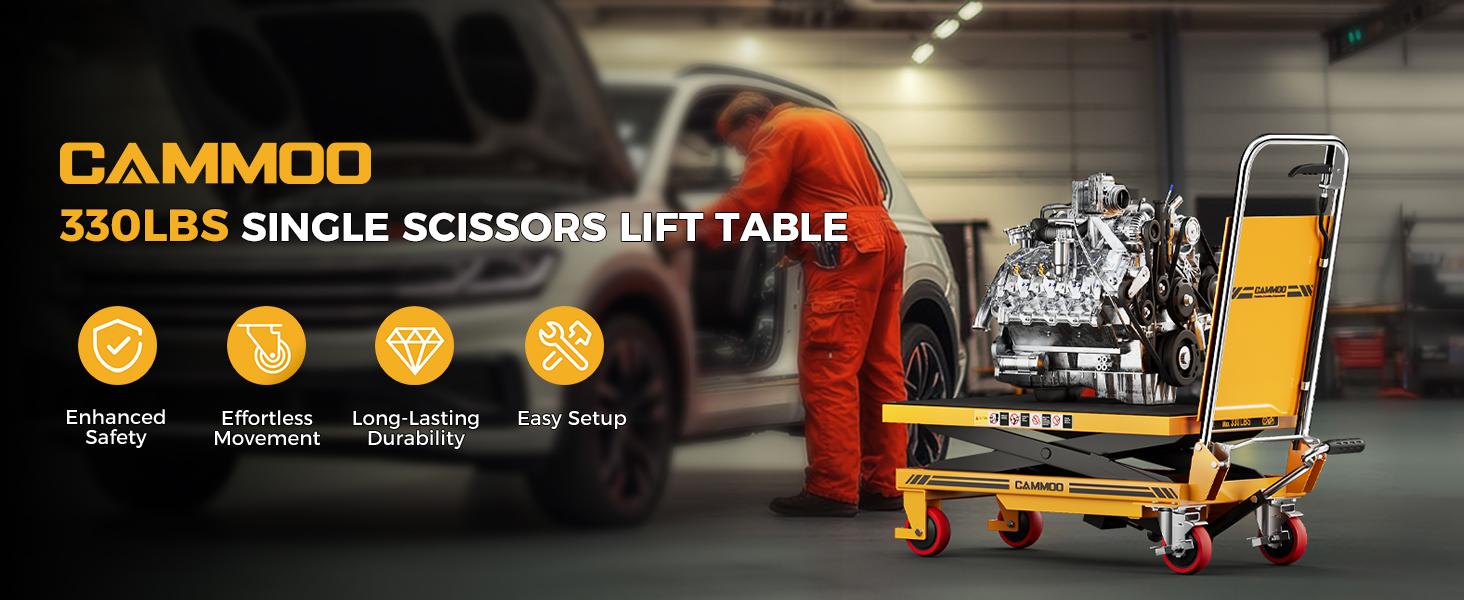CAMMOO Foldable Hydraulic Lift Table Cart, 330lbs Capacity, 28.5" Lifting Height, Single Scissor Lift with Non-Slip Pad & Thickened Scissors Design for Material Handling and Transportation, Yellow