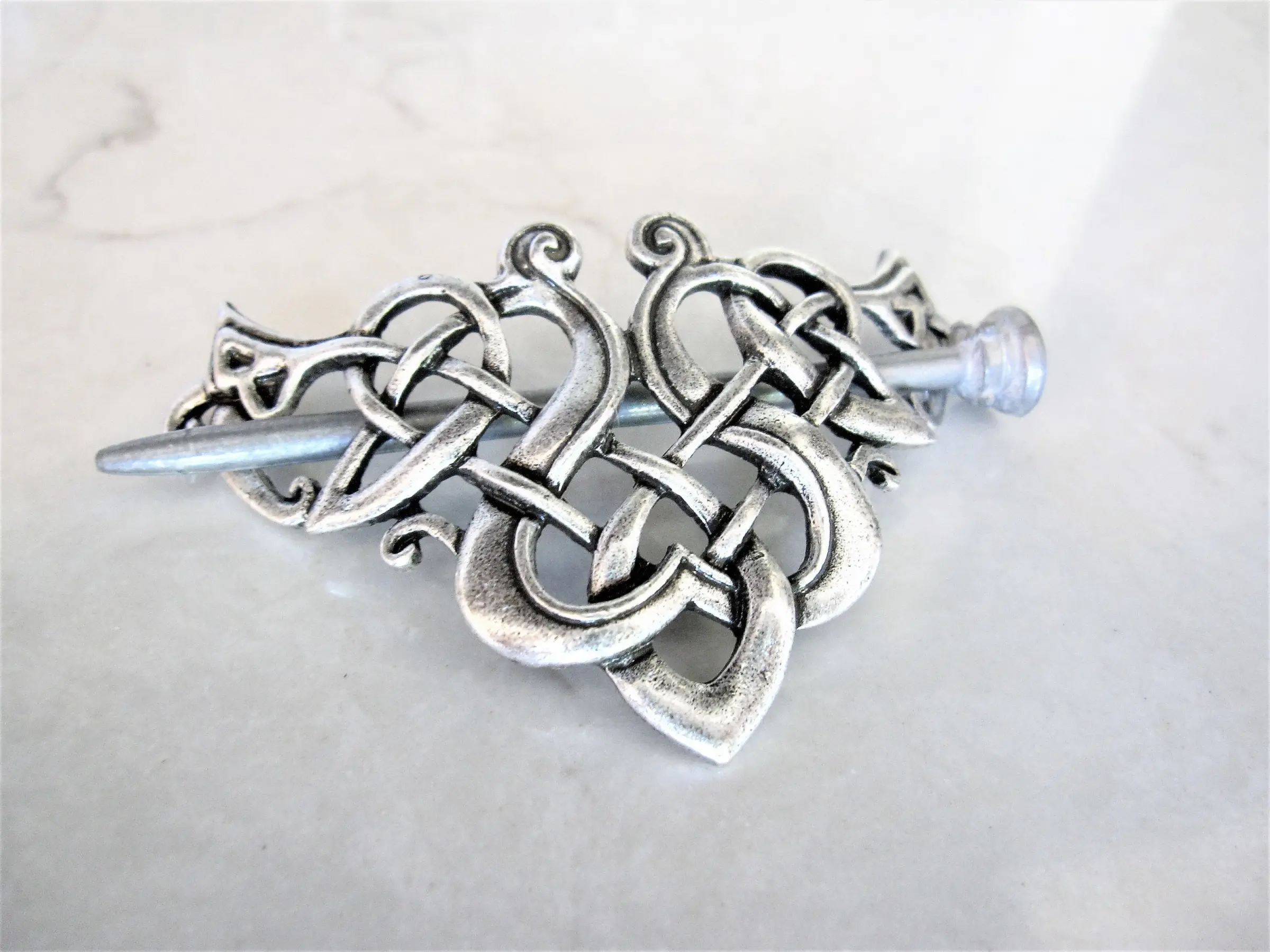 Silver celtic knot metal viking filigree hair slide stick clip barrette