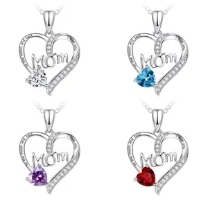 Fashion Heart Shape Mom Pendant Necklace with Zircon Crystal Hearts Silver Golden Gift for Mother's Day 45+5 cm Length