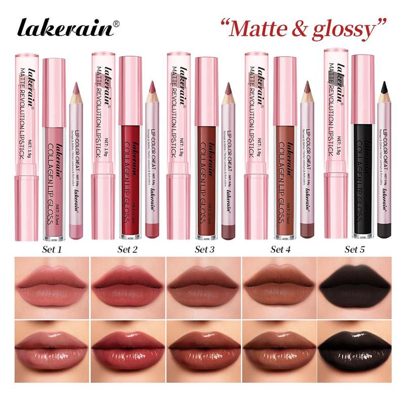 Iconic Mini Lip Kit, 3 Counts/Set, Waterproof and Smudge-Proof Lipstick Set, High-Pigment Lip Liner, Matte Lip Pencil, Lip Liner+Matte Lipstick+ Lip Gloss, All-in-One Longwear Lip Makeup, for Outdoor and Travel, Lip Cosmetics, Lip Makeup
