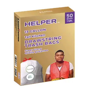 HELPER, 13-Gallon Tall Kitchen Drawstring Trash Bags. Green box, 50 bags total. Thickness: 1 mil. Odor Detain technology keeps things fresh (Lavender-Scented). Convenient drawstring closure