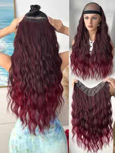 Clip In Hair Extensions V-Shaped Wine Red 24 Inch Long Water Wave Wavy Heat Resistant Fiber Synthetic Hairpiece For Women Girls Party Daily Use