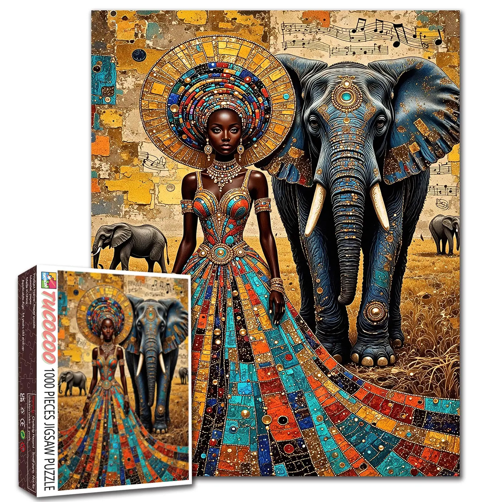 Tucocoo African Queen and Elephant 1000 Pieces Jigsaw Puzzle Majestic Cultural Portrait Art for Adults Relaxing Family Activity Stress Relief Brain Exercise Wall Decor Gift 27.5x20inch(70x50cm)
