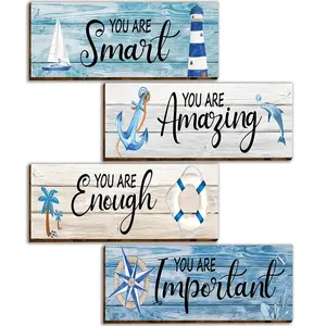 Sea Themed Wooden Wall Decor, 4 Counts/set Sailboats & Lighthouses & Dolphins & Palm Trees Pattern Wall Decor, Wall Hanging Decor for Home Living Room Bedroom, Hangable