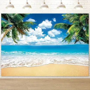 Hawaiian Beach Ocean Backdrop, Cloth Fabric Summer Tropical Party Background for Indoor and Outdoor Decoration, Palm Tree Sea Backdrop Banner for Photoshoot, Reusable and Washable