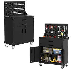 Garvee Upgraded Tool Chest Cabinet Mobile Garage Workbench with 2 Drawers and Pegboard, 31.5 in Heavy Duty Metal Rolling Tool Cabinet with Adjustable Shelf for Garage Warehouse Workshop, Black