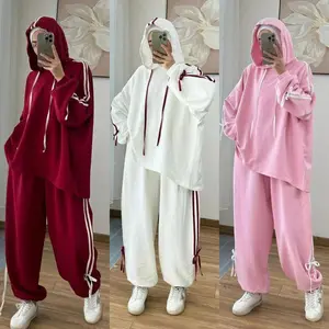 Muslim Suit Women Hoodie Top Wide Leg Pants 2 Piece Set Trousers Hooded sweatshirt Ensemble Sporty Stripe Outfits Tracksuit