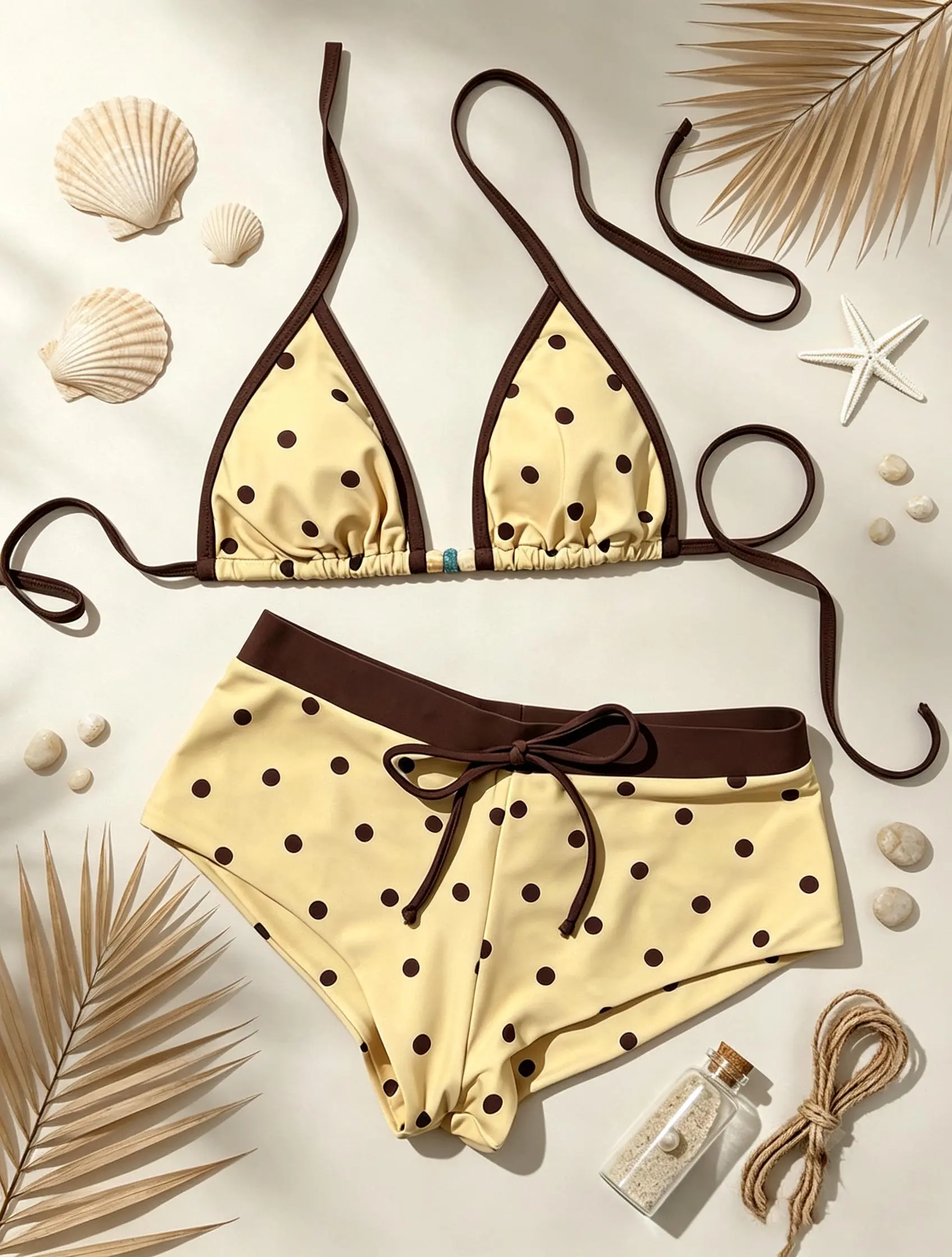Retro Polka Dot Halter Bikini Set, Women Yellow Brown Boyshort Swimwear Summer Beach Bathing Suit