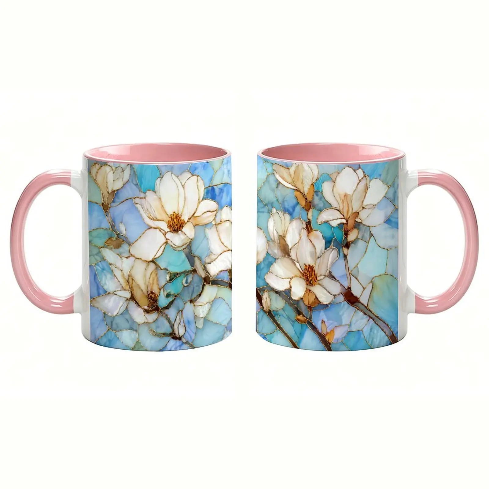 Artistic Magnolia Floral Stained Glass Porcelain Mug with Handle, Blue-White-Gold Botanical Flower Coffee Tea Cup, Elegant Gifting Kitchenware by Ali Emre