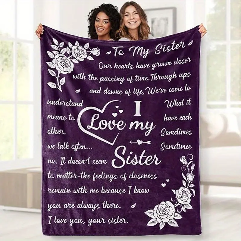 Personalized Retro Vintage Floral Slogan Print Blanket - 280GSM Soft Cozy Love My Sister Gift Blanket for Birthday, Christmas, Soft Cozy Blanket