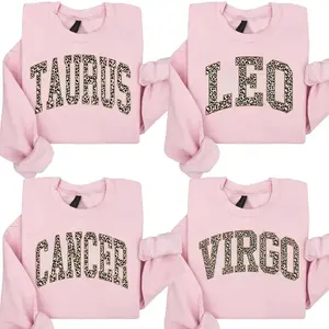 [Full 12 Zodiac] Leopard Print Zodiac Sweatshirt – Light Pink Color, Astrology Sign Crewneck for Women, Taurus Leo Cancer Virgo Graphic Pullover, Trendy Star Sign Sweater Gift