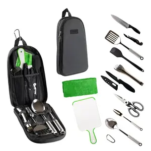 12 Piece Camp Cooking Utensil Set & Outdoor Kitchen Gear Cookware Kit, Portable Compact Carry Case for Camping, Hiking, Travel, BBQ Grilling Stainless Steel Accessories Spoon & Fork,