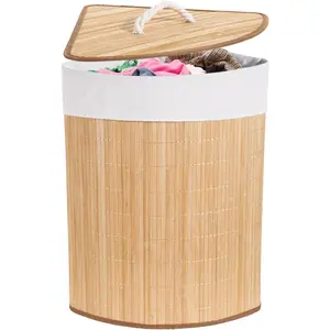 Corner Laundry Hamper with Lid, Foldable Clothes Hamper, Natural Wood Weave Laundry Basket Bin for Bedroom Laundry Room, 25 x 18 in