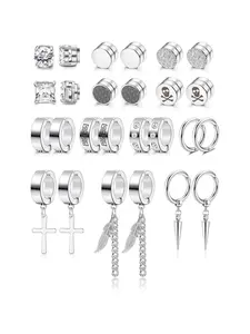 13Pairs Stainless Steel Magnetic Earrings for Men Women Zirconia Earrings Set Ear Studs Hoop Earrings Clip on Earrings Black Silver-tone Daily Trend Jewelry