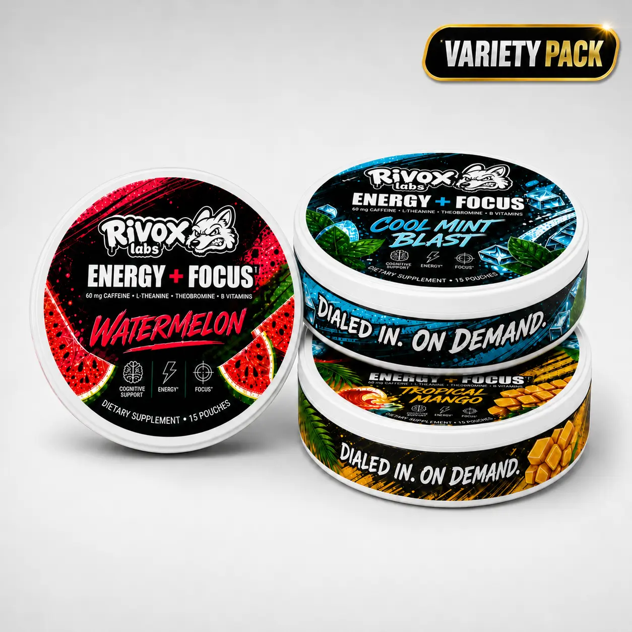 Rivox Energy Pouch Variety Pack | Caffeine + L-Theanine, Zero Nicotine, Sugar-Free, No Crash | 3 Flavors