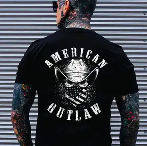 AMERICAN OUTLAW Cowboy Skull Print Men's T-Shirt, Top Menswear, Cotton Tee Shirt Casual Streetwear, Full Sizes, Full Colors